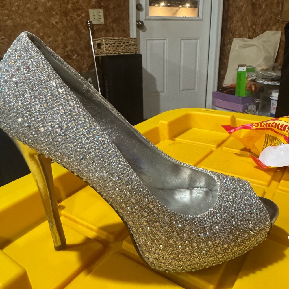 De Blossom Collection Silver‎ Crystal Peep-Toe Stilettos with Gold Heel